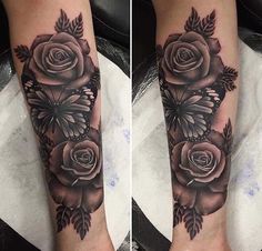 two tattoos with roses and butterflies on the legs, one is black and grey in color