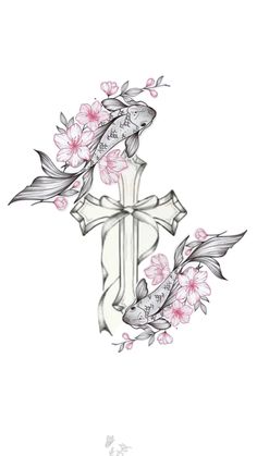 a cross with flowers on it and a fish in the water next to each other