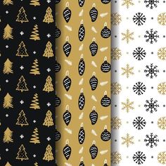 four different christmas patterns with snowflakes and ornaments on black, gold and white background