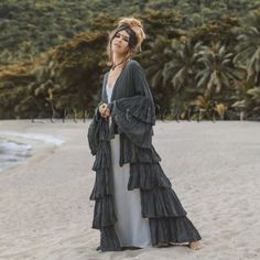 Trendy Fashion Boho Bali Maxi Tiered Ruffled Duster Plus-2 Size Nwt, Womens Coat Wedding Cardigan, Plus Size Bohemian, Duster Kimono, Plus Size Boho, Resort Beach, Bohemian Mode, Bohemian Wedding Dress, Moda Boho, Ruffled Sleeves