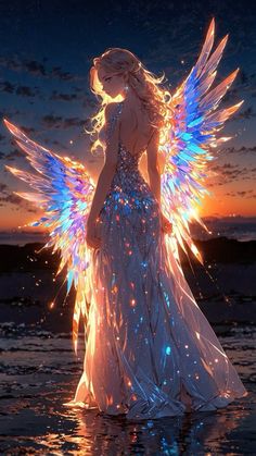 a woman with wings standing in the water at night, wearing a dress made out of fireflies