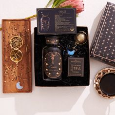 What's their Sign? Find Out & Gift them the Divine! Our Astrology Tea Collection is as rare & uncommon as each sign. Blended to enhance and align wellness to the cosmos, these blends will delight & surprise connoisseurs, foodies, wine lovers & wellness seekers with their wildly unique & iconic blend profiles. This Astrology Apothecary Gift Set combines the powers of each sign's specific wellness botanicals with uncommon tea leaves for an adventure in sensory delight. These rare teas are hand ble Astrology And Crystals, Gifts For Astrology Lovers, Witch Gift Basket, Moon Tea, Kit Packaging, Comfort Hug, Tea Gift Sets, Glass Apothecary Jars, Witch Gift