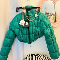 Cropped Turquoise Fashionnova Jacket, Size Xs. Please Note: This Thing Is Cropped Asf!!! A Bit Too Short For Me Don’t Buy Unless You Have A Short Torso, Or Ur 5”0 Or Shorter Super Cute Though, Great Quality. ***Heart Belly Chain In Pic Sold Trendy Cropped Jacket For Cold Spring Weather, Trendy Cropped Jacket For Spring, Trendy Green Puffer Jacket For Winter, Fitted Green Puffer Jacket For Fall, Trendy Cropped Jacket For Spring And Cold Weather, Trendy Green Outerwear, Fitted Green Cropped Jacket For Winter, Trendy Fitted Puffer Jacket, Trendy Green Cropped Jacket For Fall