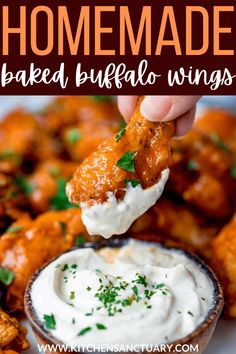 buffalo wings being dipped with ranch dressing