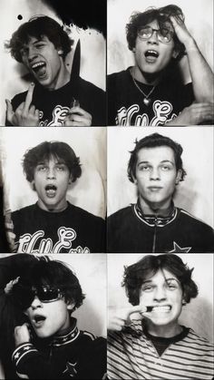 black and white photo collage of young men making funny faces with their mouths open