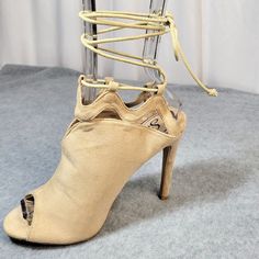 New, Never Worn So Me Nude Vegan Suede Tie Up Style With Open Back & Toe 4" (Approx) Stiletto Heel Beige High Heel Lace-up Sandals For Party, Beige Lace-up Sandals For Party, Trendy Beige Lace-up Sandals With Ankle Strap, Beige Suede Heels With Open Heel, Beige Suede Open Heel Heels, Beige High Heel Lace-up Sandals With Heel Strap, Chic High Heel Suede Lace-up Sandals, Beige High Heel Lace-up Sandals For Spring, Suede Lace-up Round Toe Sandals For Party