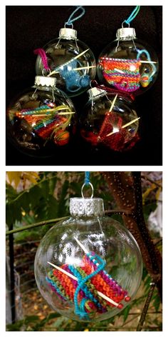 three different pictures of glass ornaments with knitting needles in them