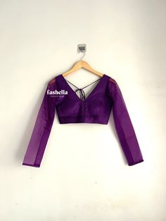 Purple  Blouse (with a pink undertone) made from satin silk and organza fabric. This blouse can be made in ANY COLOR. Please drop us a convo of you need it in a different color.  DETAILS * Front  & Back V-Neck * Full Sleeves * Padded (optional) * Hooks at the back for closure MEAUREMENTS & CUSTOMIZATIONS This blouse can be purchased in your standard sizing and pattern. Please choose your Chest Size (measured in inches) from the drop-down box.  For custom sizing please include the below measureme Purple Full Sleeve Blouse, Cheap Purple Blouse Piece For Diwali, Elegant Sheer Blouse For Party, Traditional Evening Blouse In Organza, Sheer Blouse Piece For Party, Elegant Festive Sheer Blouse, Elegant Pink Organza Blouse, Pink Organza Blouse For Party, Evening Fitted Organza Blouse Piece