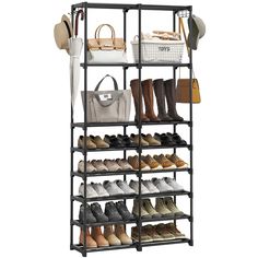 the shoe rack is holding many pairs of shoes and purses, including one bag