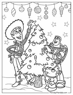 a cartoon character is decorating a christmas tree with other characters in front of it