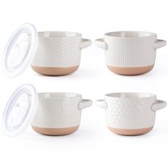 four white and brown pots with lids are shown in three different positions on a white background