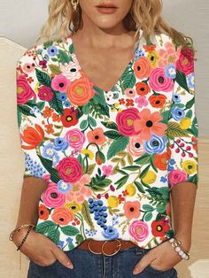 Womens Retro Vintage Floral T-Shirts Light Weight V-Neck Long Sleeve Country Little Floral Tops S-5XL Multicolor Floral Print V-neck Top, Multicolor Floral Print V-neck T-shirt, Casual Short Sleeve V-neck Top With Floral Print, Casual Floral Print Short Sleeve V-neck Top, Pink Printed V-neck T-shirt, Multicolor V-neck T-shirt For Fall, Cheap Clothing, Spring Outfits Women, Women T Shirts