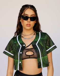 Psycho Sonic Headbanger Cropped Jersey-Black/Green/White-Front-Bethany---S Bass Head Rave Outfit, Jersey Rave Outfit, Green Festival Outfit, Comfy Rave Outfit, Berghain Outfit, Green Rave Outfit, Edm Rave Outfits, Edm Concert Outfit, Cropped Baseball Jersey