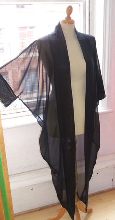 Baylis & Knight Black Chiffon LONG Maxi KIMONO Jacket Oversize Black Long Party Robe, Black Long Party Cover-up, Fitted Black Kimono For Beach, Black Open Front Evening Kimono, Black Fitted Long Kimono, Fitted Long Black Kimono, Black Long Sleeve Kimono For Party, Black Open Front Kimono For Festival, Black Long Kimono For Party