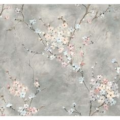 a painting of flowers on a gray wallpaper with white and pink colors in the background