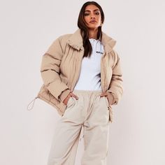 Stone Oversized Puffer Jacket By Missguided Color Is Beige/Cream/Tan Family Winter Tops For Women, Oversized Puffer Jacket, Jacket Ideas, Oversized Puffer, Summer Coats, Long Puffer Coat, Hooded Puffer Jacket, Oversized Coat, Winter Trends