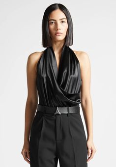 Hooded Cowl Neck Satin Wrap Bodysuit - Black | Manière De Voir USA Luxury Cowl Neck Top For Evening, Luxury Cowl Back Top For Evening, Luxury Evening Top With Cowl Back, Luxury Chic Top With Cowl Back, Luxury Chic Cowl Neck Top, Luxury Cowl Neck Formal Tops, Luxury Black Draped Tops, Cowl Neck Top Bra, Luxury Evening Tops With Cowl Back