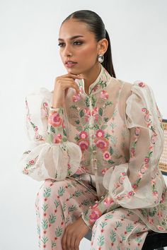 Ameera Elegant Georgette Sets With Floral Print, Silk Wedding Sets With Set-in Sleeves, Floral Embroidered Party Sets For Transitional Seasons, Feminine Embroidered Summer Sets, Festive Fitted Set With Embroidered Sleeves, Festive Fitted Sets With Embroidered Sleeves, Fitted Festive Sets With Embroidered Sleeves, Festive Feminine Embroidered Sets, Feminine Festive Party Sets