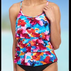 American Beach Abstract Floral 3 Tier 1pc Swimsuit. Made Of 95/5 Polyester Spandex Blend Fabric. Available Size: 8. New With Tags. Multicolor Stretch Swim Dress For Beach Party, Spring Tropical Stretch Tankini, Multicolor Stretch Swim Dress For Spring, Pink Vacation Tops For Poolside, Pink Tops For Poolside Vacation, Stretch Pink Tankini For Vacation, Pink Sleeveless Tankini For Vacation, Multicolor Sleeveless Beachy Tankini, Fitted Tropical Print Tankini For Spring