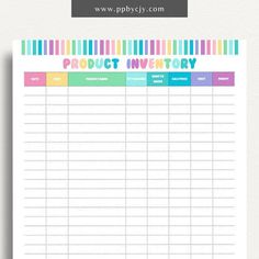 a printable product inventory sheet with the words product inventory written in rainbow colors on it