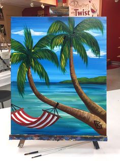 a painting of two palm trees and an american flag hammock on the beach