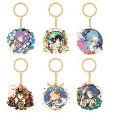 six key chains with anime characters hanging from each one's sides, all in different colors