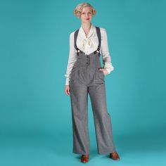 Nwt Emmy Of Sweden Miss Fancy Pants Slacks In Grey Pinstripe!! These Are A Great Wool Blend With Zip And Button Front Closure, Suspender Buttons, And An Extra High Defined Waist. Front Slash Pockets And Faux Back Pocket Flaps. Size 36 Upper Waist : 27" Waist : 26" Hips : 38" Length : 47" Inseam : 30.5" The "Fit Me" And Why I'm Parting With Them : I Have These In The Brown Salt & Pepper And They Fit Fine, But Same Size In This Fabric Is Too Tight For My Preference. At A 27" Waist I Don't Like How High-waist Fitted Tailoring Pants, High Waist Fitted Tailored Pants, High Waist Fitted Pants For Tailoring, Womens Suit, Design Pants, Neue Outfits, Vintage Mode, Fancy Pants, Papua New Guinea