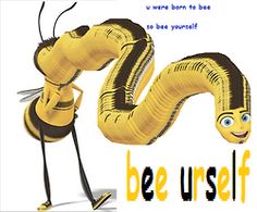 a yellow and black insect with the words be urself on it's back