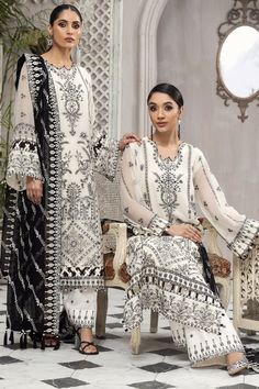 Black And White Salwar Kameez with Embroidery is a very attractive yet elegant Pakistani Dress with delicate embroidery work on it. This Pakistani Salwar Kameez seems to be the epitome of beauty because of its exquisite patterns and unmatchable designs. This Pakistani Party Dress is perfect to style on any special day and grabs the attention of everyone. Kameez: This Black and White Salwar Kameez comes with a beautiful kameez in premium quality chiffon in white shade. This kameez is decorated be