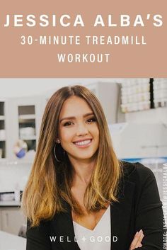 a woman standing in front of a counter with her arms crossed and the words'30 - minute treadmill workout '