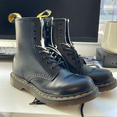 Brand New Dr. Martens Classic Black High Ankle Work Boots, Black High Ankle Lace-up Boots For Work, Black High Ankle Work Boots, Black High Ankle Boots For Work, Classic Black Ankle-high Moto Boots, Black High-top Moto Boots For Work, Black High Ankle Moto Boots For Work, Fitted Black Work Boots For Fall, Fall Season Black Work Boots