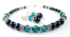 Black Pearl Beaded Bracelets and Earrings SET w/ Simulated  Blue Zircon Accents in Swarovski Crystal Birthstone Colors Bracelets Sets, Black Pearl Bracelet, Crystal Bra, Black Pearl Earrings, Intention Bracelets, Bali Silver, Swarovski Crystal Bracelet, Energy Bracelets, Birthstone Bracelet