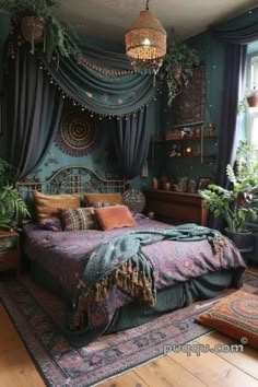 a bed room with a neatly made bed and lots of plants