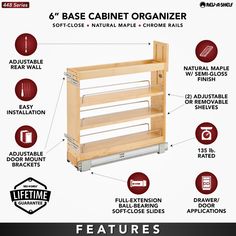 the features of a wooden cabinet organizer with instructions on how to use it and where to put