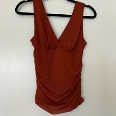 Mesh & Ruched V Neck Tank Top Rust Color Polyester/Elastane Never Worn Ruched V-neck Top For Vacation, Fitted V-neck Summer Top, Elegant Ruched Tops For Beach, Ruched V-neck Tank Top For Party, V-neck Ruched Tank Top For Party, Fitted Ruched Blouse For Beach, Summer Ruched V-neck Tops, Summer V-neck Ruched Top, Fitted Ruched Blouse For Vacation