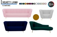 velvet living room furniture is shown in four different colors and styles, including pink, blue, green, white, gold