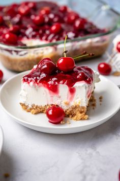 a piece of cheesecake with cherries on top