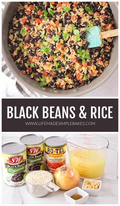 black beans and rice in a pot with ingredients to make an easy dinner or side dish