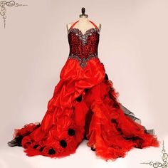 Gothic Fantasy Red High Low Wedding Dress | ADARA High Low Wedding Dress, Wedding Dresses High Low, Corset Lace, Satin Roses, Rhinestone Embellishments, Chapel Train, Red High, Bride Look, Black Satin