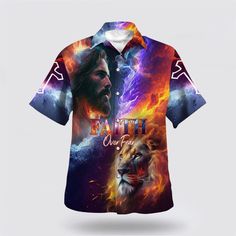 a shirt with the image of jesus and a lion on it, all printed in different colors