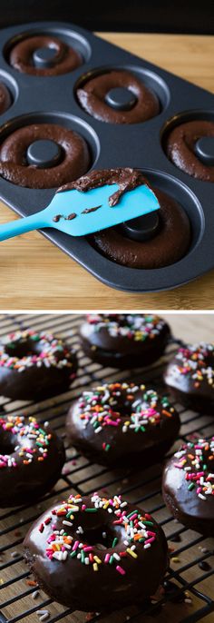 chocolate donuts with sprinkles and a blue spatula