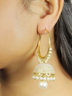 Shipping by UPS Courier with tracking Delivery within 10-12 days This is a handmade item made by skilled women crafters from India Material- Copper Stunning Gold Plated Dangle And Drop Pearls Earrings Nickel and Lead Free Weighs Approx: 0.12 Oz/28 grams Hoop Jhumka, Pearl Jhumkas, Gold Jewellery India, White Pearl Earring, Jhumki Earrings, Bollywood Jewelry, Indian Earrings, Jhumka Earrings, White Earrings