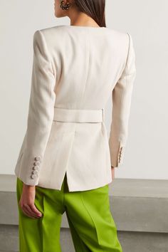 Elegant Cream Gucci Outerwear, Chic Fitted Gucci Blazer, Tailored Gucci Outerwear For Spring, Elegant Blazer With Belt Detail For Work, Elegant Fitted Blazer With Belt Detail, Elegant Workwear Blazer With Belt Detail, Luxury Gucci Blazer For Spring, Chic Formal Blazer With Belt Detail, Gucci Classic Blazer For Spring