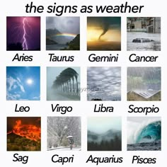 the signs as weather are shown in different languages, including one that is for zodiacs