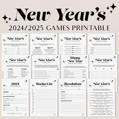 the new year's games printable is shown in black and white with stars