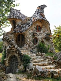 a house made out of rocks and stone steps