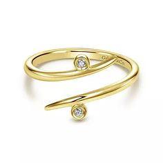 Gabriel & Co. 14K Yellow Gold Bezel Set Diamond Midi Open Wrap Ring Women's fashion Ring Style Number: LR50531Y45JJ Division: Gaby Collection: Kaslique Style: Midi Starting Price: $475.00 USD* Carat Weight: 0.01ct Fashioned in sleek and polished 14K yellow gold, this bypass style midi ring wraps gracefully around the finger. The modern open silhouette is expertly accented with a pair of bezel set diamonds lending 0.01cts of subtle sparkle. All Dimensions are approx. *The possibilities are not li Luxury Round Bypass Ring For Formal Occasions, Formal Yellow Gold Bypass Ring With Single Cut Diamonds, Luxury 14k Gold Bypass Ring For Anniversary, Luxury Yellow Gold Bypass Ring For Anniversary, Luxury Yellow Gold Bypass Ring With Diamond Accents, Formal Gold Bypass Ring With Brilliant Cut, Luxury Yellow Gold Bypass Ring With Round Cut, Luxury Bypass Ring In Yellow Gold With Diamond Accents, Luxury Vvs Clarity Yellow Gold Bypass Ring