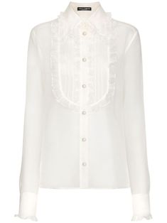 white cotton sheer ruffle collar front button fastening ruffled detailing long sleeves straight hem Elegant Blouse With Ruffles And Ruffled Collar, Elegant Silk Blouse With Ruffled Collar, Luxury Ruffles Blouse For Work, Feminine Blouse With Ruffled Collar For Formal Occasions, Luxury Ruffled Blouse For Work, Designer Silk Tops With Ruffles, Luxury Long Sleeve Top With Ruffles, Luxury Spring Tops With Ruffles, Designer Long Sleeve Top With Ruffles