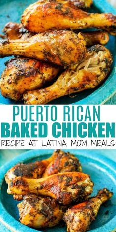 two pictures of baked chicken on a plate with the words puerto rican baked chicken recipe at latin mom meals