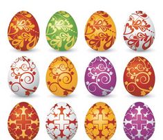 an assortment of decorated easter eggs in different colors and patterns, with decorative designs on them